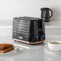 Goodmans Textured 2 Slice Toaster - Black & Rose Gold -Home Furnishing Shop 358961 black textured 2 slice toaster