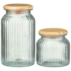 B&M Small Ribbed Glass Jar With Wooden Lid -Home Furnishing Shop 394426 394427 ribbed glass jar with wooden lid group